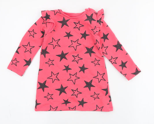 Fred & flo Girls Pink Spotted Cotton A-Line  Size 9-12 Months  Round Neck Button - stars