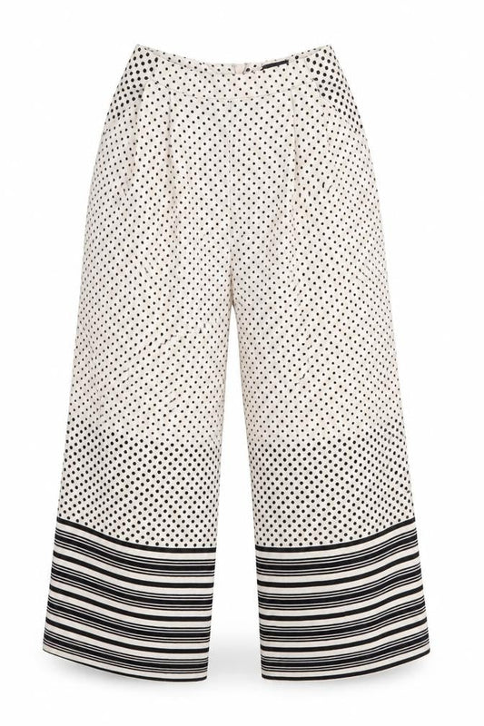 Front view of Topshop women’s ivory polka dot polyester trousers, size UK 8, 23-inch leg regular zip - culotte