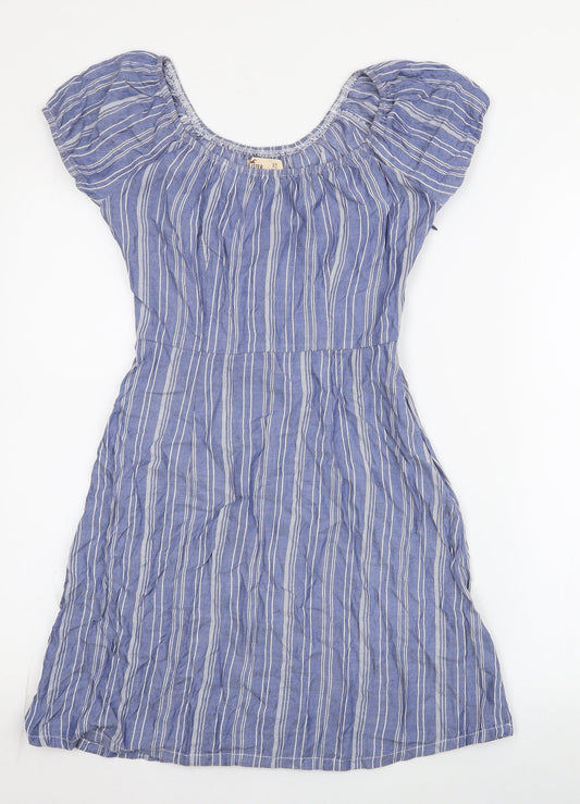 Hollister Womens Blue Striped Viscose Skater Dress  Size XS  Off the Shoulder Zip