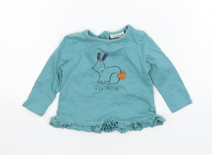NEXT Girls Green  Cotton Basic T-Shirt Size 3-6 Months Round Neck Pullover - Rabbit Print