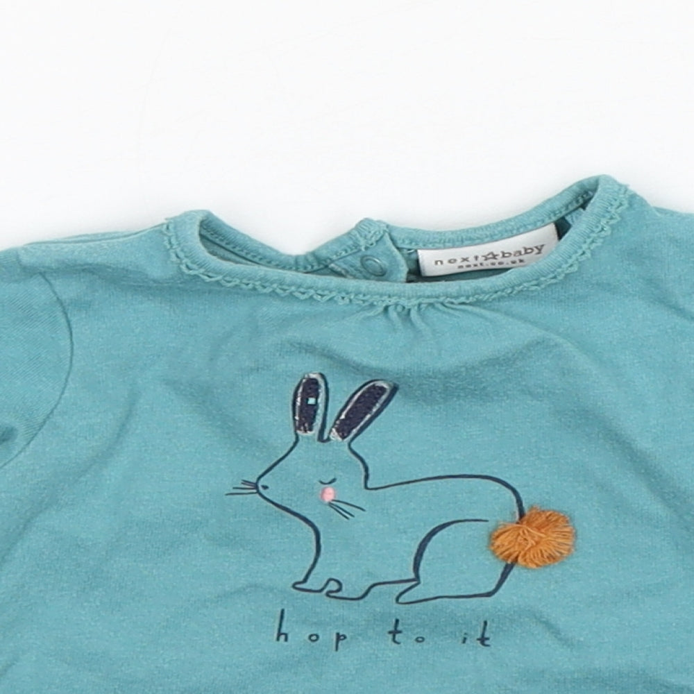 NEXT Girls Green  Cotton Basic T-Shirt Size 3-6 Months Round Neck Pullover - Rabbit Print