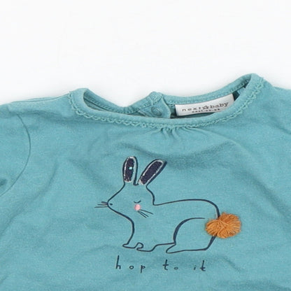 NEXT Girls Green  Cotton Basic T-Shirt Size 3-6 Months Round Neck Pullover - Rabbit Print
