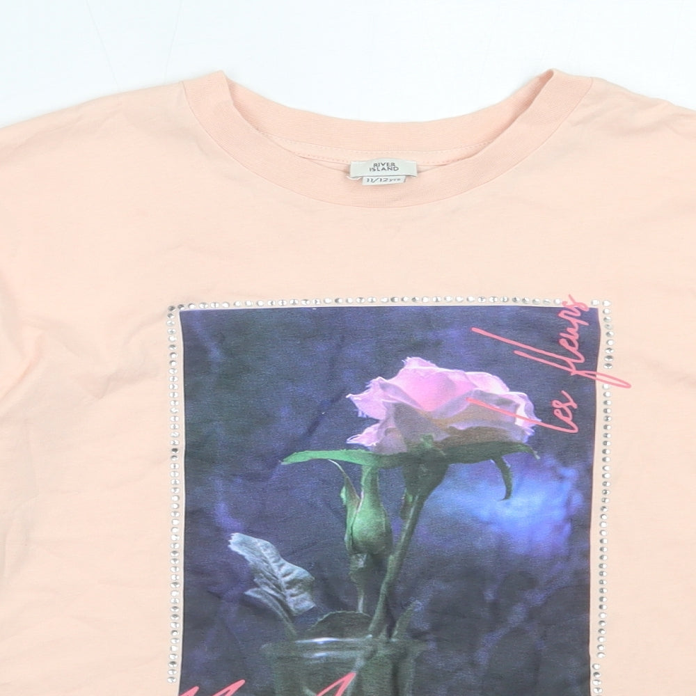 River Island Girls Pink  Cotton Basic T-Shirt Size 11-12 Years Round Neck