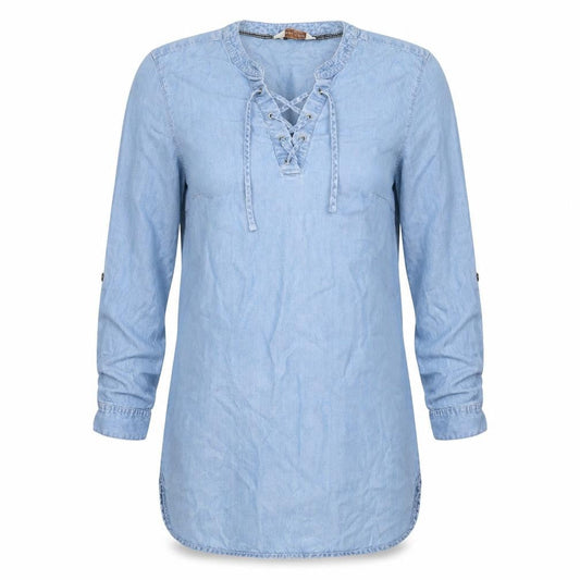 Front view of F&F women’s blue lyocell shift, size UK 14, v-neck