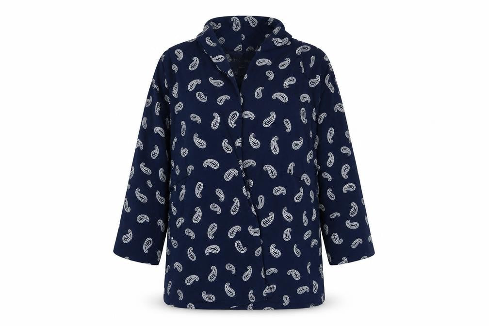 Front view of Marisota women’s blue paisley overcoat blazer, size UK 20