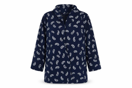 Front view of Marisota women’s blue paisley overcoat blazer, size UK 20