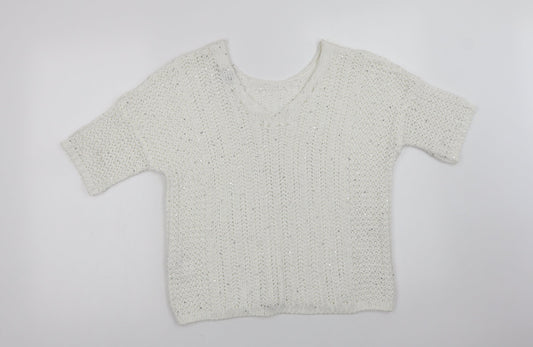 NEXT Womens White V-Neck  Acrylic Pullover Jumper Size M