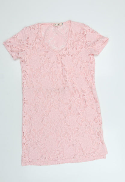 You & Me Womens Pink Floral Polyester T-Shirt Dress  Size S  V-Neck