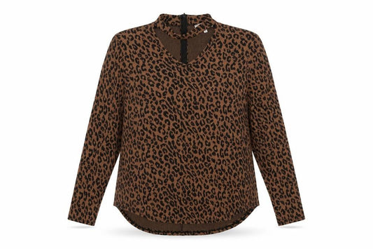 Front view of Gerard women’s brown v-neck animal print polyester jumper, size UK 14