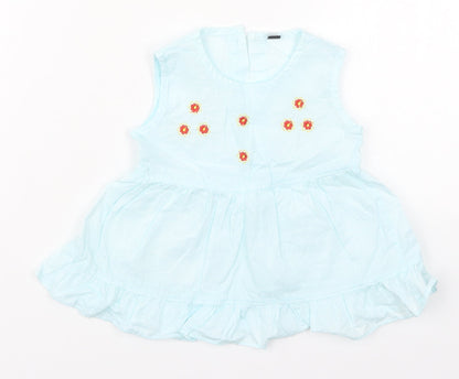 Preworn Girls Blue Striped Cotton Skater Dress  Size 2 Years  Round Neck Button - Flowers