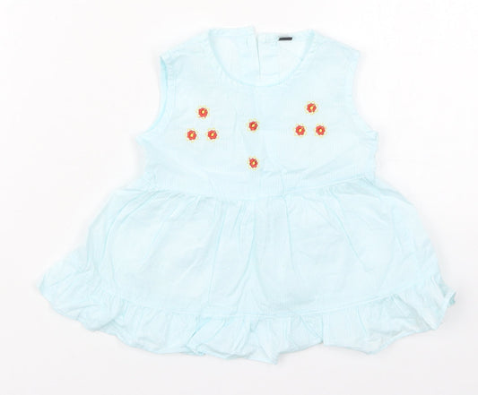 Preworn Girls Blue Striped Cotton Skater Dress  Size 2 Years  Round Neck Button - Flowers