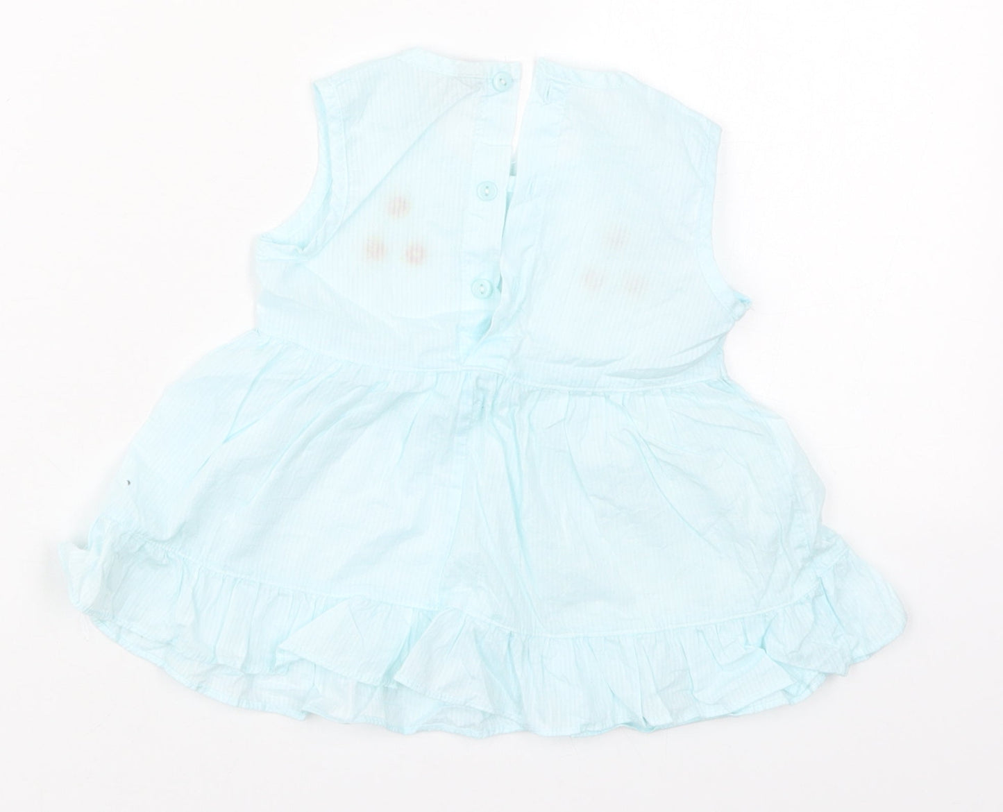 Preworn Girls Blue Striped Cotton Skater Dress  Size 2 Years  Round Neck Button - Flowers