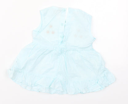 Preworn Girls Blue Striped Cotton Skater Dress  Size 2 Years  Round Neck Button - Flowers