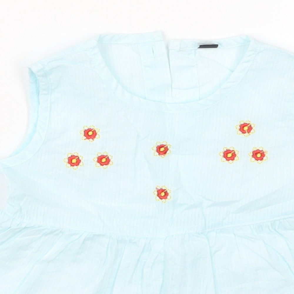 Preworn Girls Blue Striped Cotton Skater Dress  Size 2 Years  Round Neck Button - Flowers