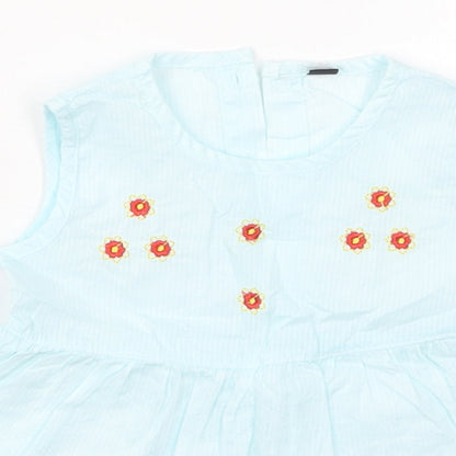 Preworn Girls Blue Striped Cotton Skater Dress  Size 2 Years  Round Neck Button - Flowers