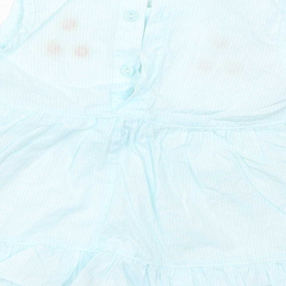 Preworn Girls Blue Striped Cotton Skater Dress  Size 2 Years  Round Neck Button - Flowers