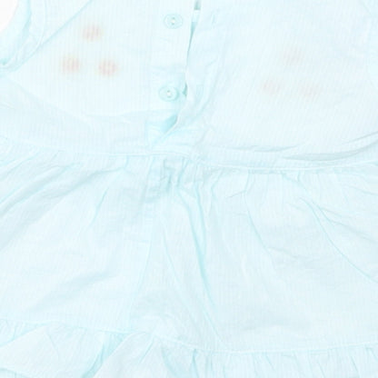 Preworn Girls Blue Striped Cotton Skater Dress  Size 2 Years  Round Neck Button - Flowers