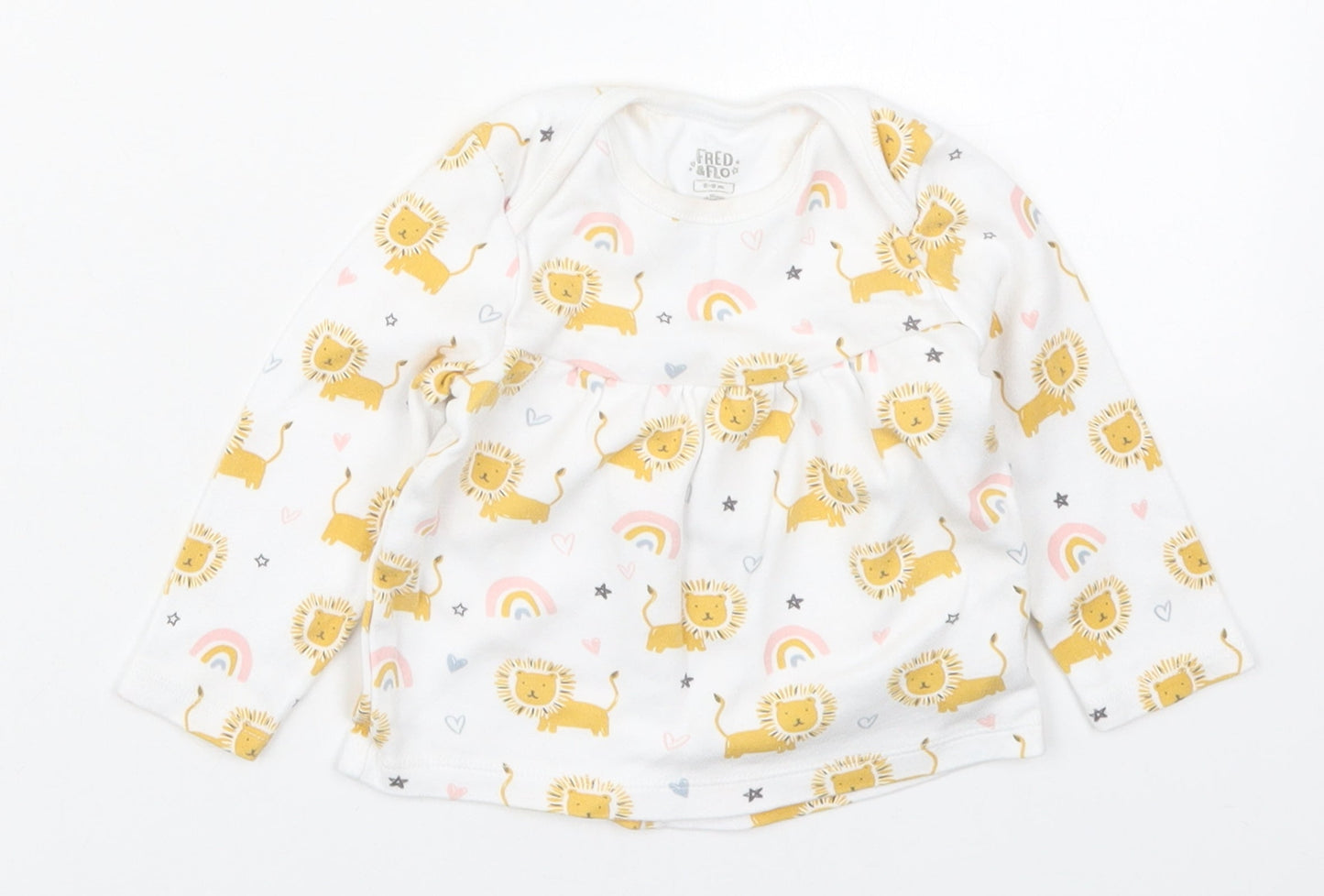 Fred & Flo Girls Multicoloured  Cotton Basic T-Shirt Size 0-3 Months Crew Neck Pullover - Lions and Rainbows