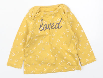 F&F Girls Yellow Geometric Cotton Basic T-Shirt Size 6-9 Months Round Neck Pullover - Loved Hearts
