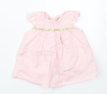 Preworn Girls Pink  Cotton A-Line  Size 3-6 Months  Round Neck Button