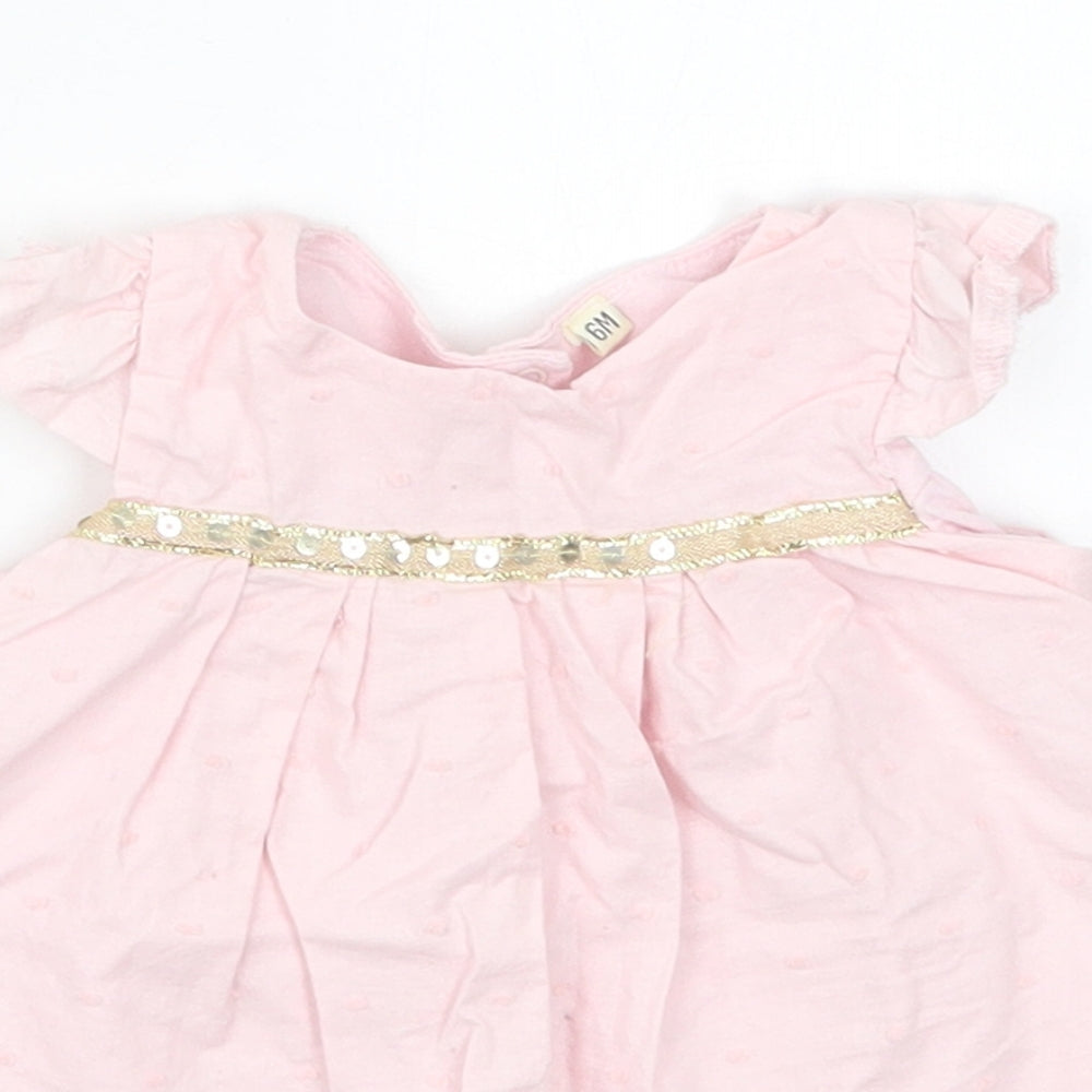 Preworn Girls Pink  Cotton A-Line  Size 3-6 Months  Round Neck Button