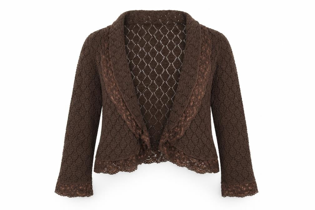 Front view of HEINE women’s purple v-neck nylon cardigan jumper, size UK 14