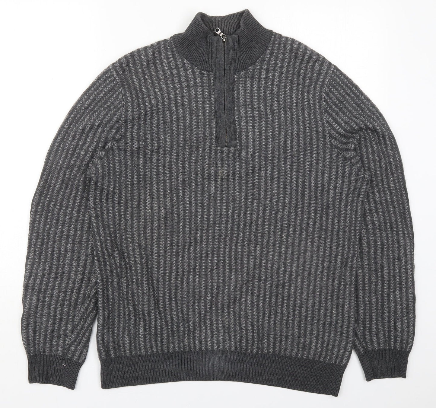 Marks and Spencer Mens Grey Mock Neck Striped Cotton Pullover Jumper Size M