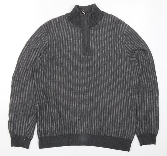 Marks and Spencer Mens Grey Mock Neck Striped Cotton Pullover Jumper Size M