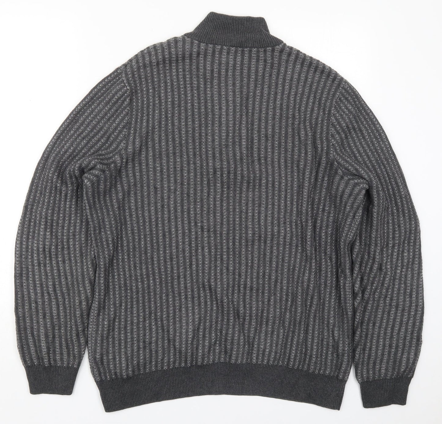 Marks and Spencer Mens Grey Mock Neck Striped Cotton Pullover Jumper Size M