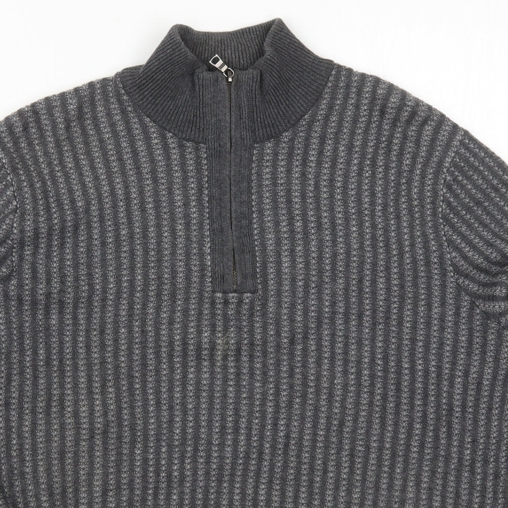 Marks and Spencer Mens Grey Mock Neck Striped Cotton Pullover Jumper Size M