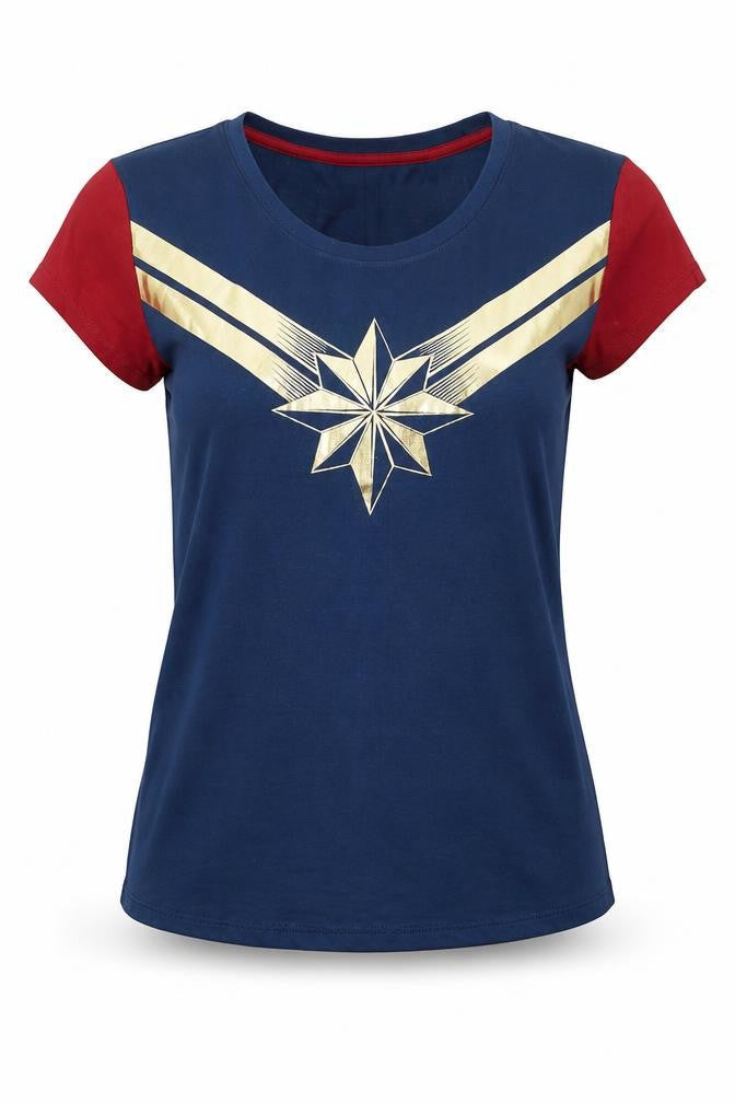 Front view of Preworn women’s blue colourblock cotton basic t-shirt, size S, round neck - marvel superhero top
