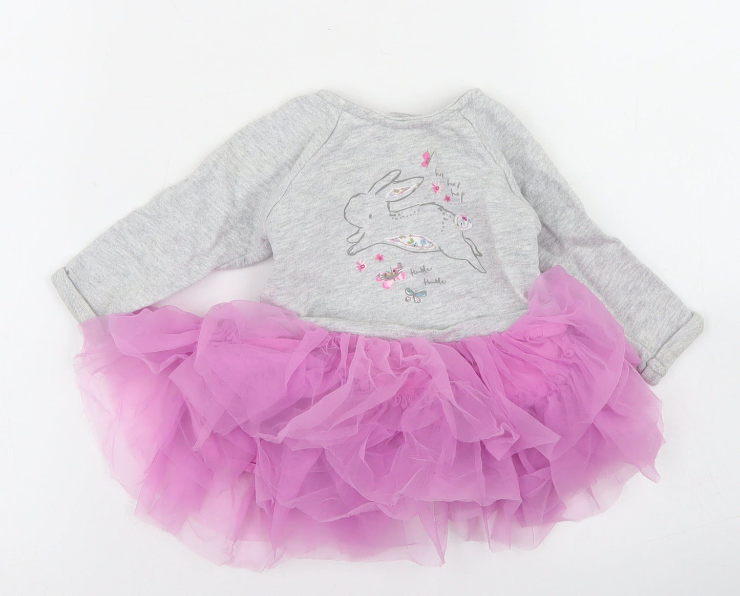 Mothercare Girls Grey  Cotton Tutu Dress  Size 3-6 Months  Crew Neck Snap - Rabbit