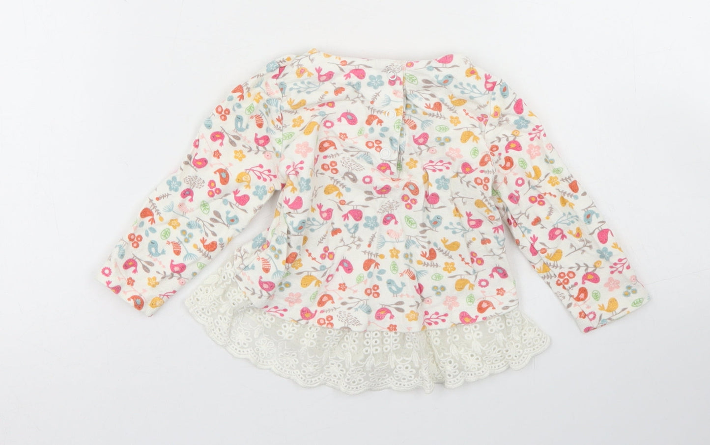 Mothercare Girls Ivory Floral Cotton Basic Blouse Size 3-6 Months Crew Neck Snap - Lace Hem