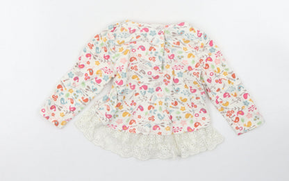 Mothercare Girls Ivory Floral Cotton Basic Blouse Size 3-6 Months Crew Neck Snap - Lace Hem