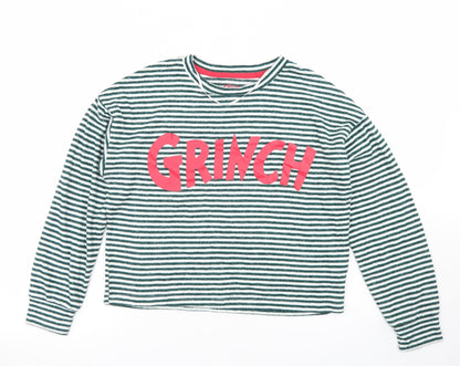 Primark Womens Green Striped Viscose Cropped T-Shirt Size XS Crew Neck - The Grinch