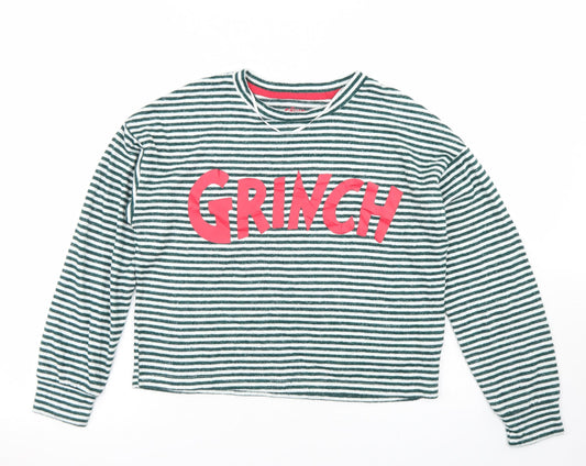 Primark Womens Green Striped Viscose Cropped T-Shirt Size XS Crew Neck - The Grinch