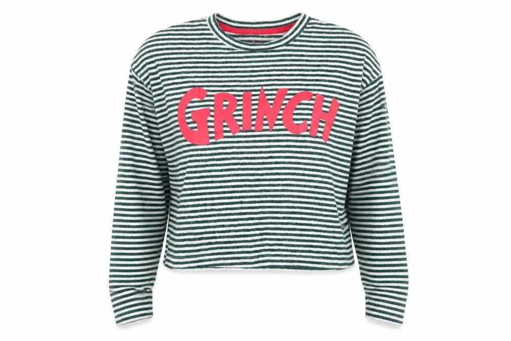 Front view of Primark women’s green striped viscose cropped t-shirt, size XS, crew neck - the grinch