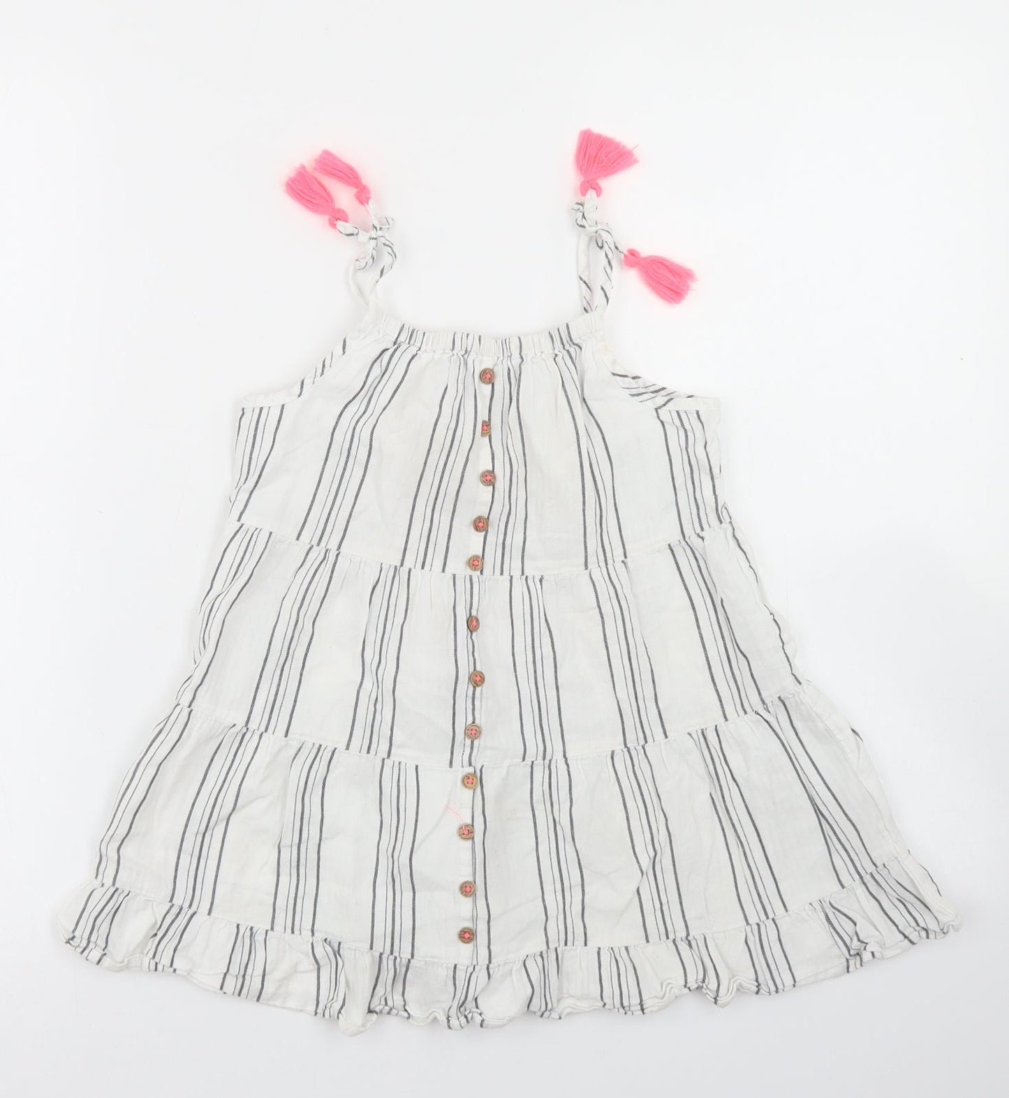 Matalan Girls White Striped Cotton Trapeze & Swing  Size 4 Years  Round Neck