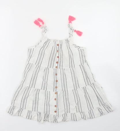 Matalan Girls White Striped Cotton Trapeze & Swing  Size 4 Years  Round Neck