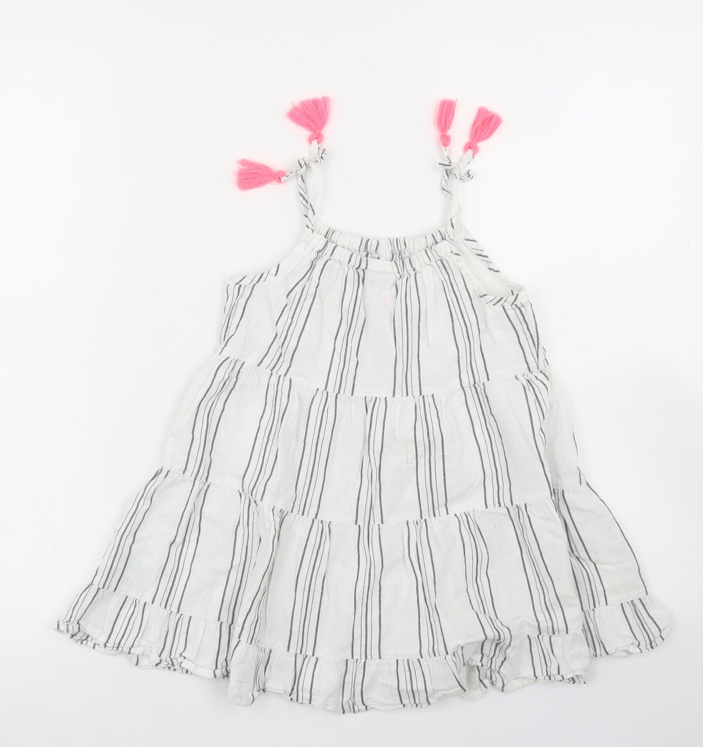 Matalan Girls White Striped Cotton Trapeze & Swing  Size 4 Years  Round Neck