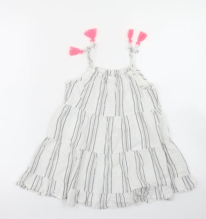 Matalan Girls White Striped Cotton Trapeze & Swing  Size 4 Years  Round Neck
