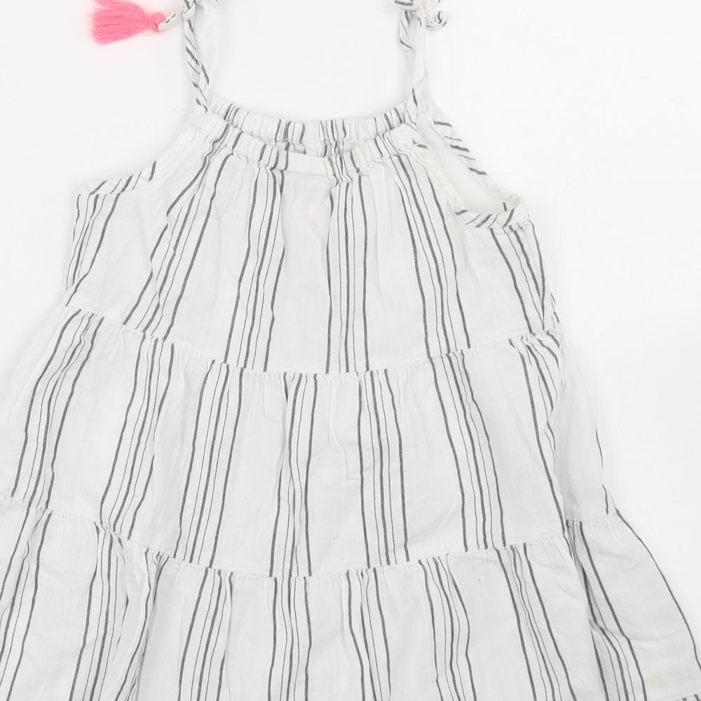 Matalan Girls White Striped Cotton Trapeze & Swing  Size 4 Years  Round Neck