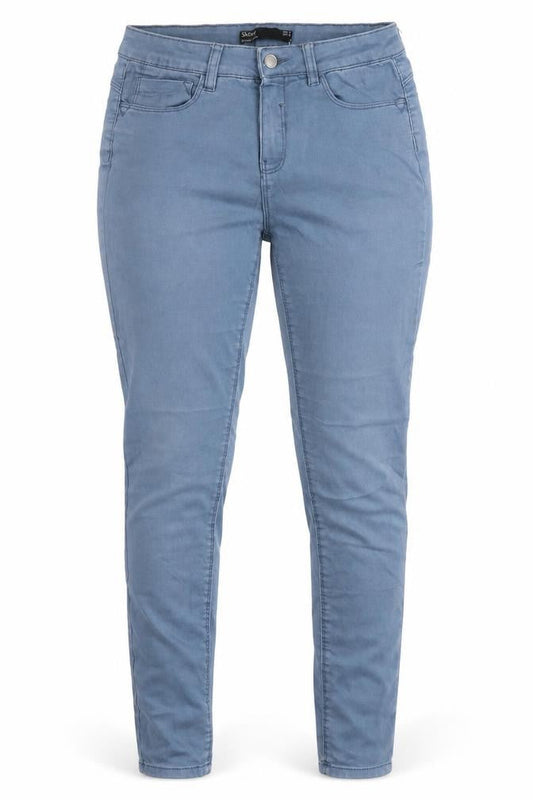 Front view of Dunnes women’s blue cotton skinny jeans, size UK 12, 27-inch leg regular button