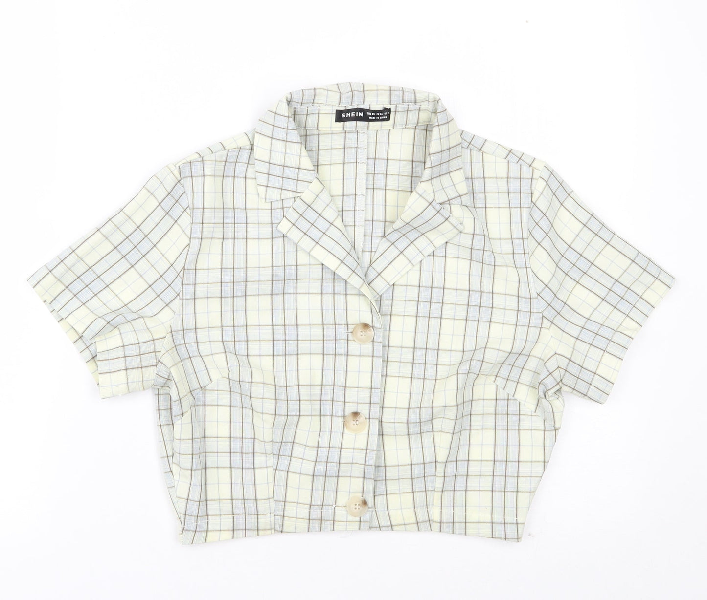 SheIn Womens Yellow Plaid Polyester Cropped Button-Up Size XS Collared