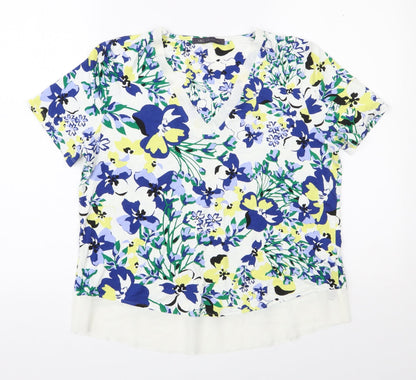 Marks and Spencer Womens White Floral Viscose Basic T-Shirt Size 10 V-Neck