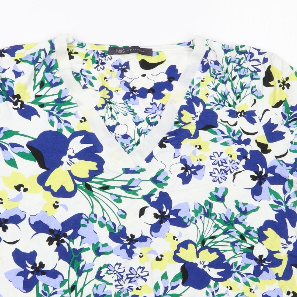 Marks and Spencer Womens White Floral Viscose Basic T-Shirt Size 10 V-Neck