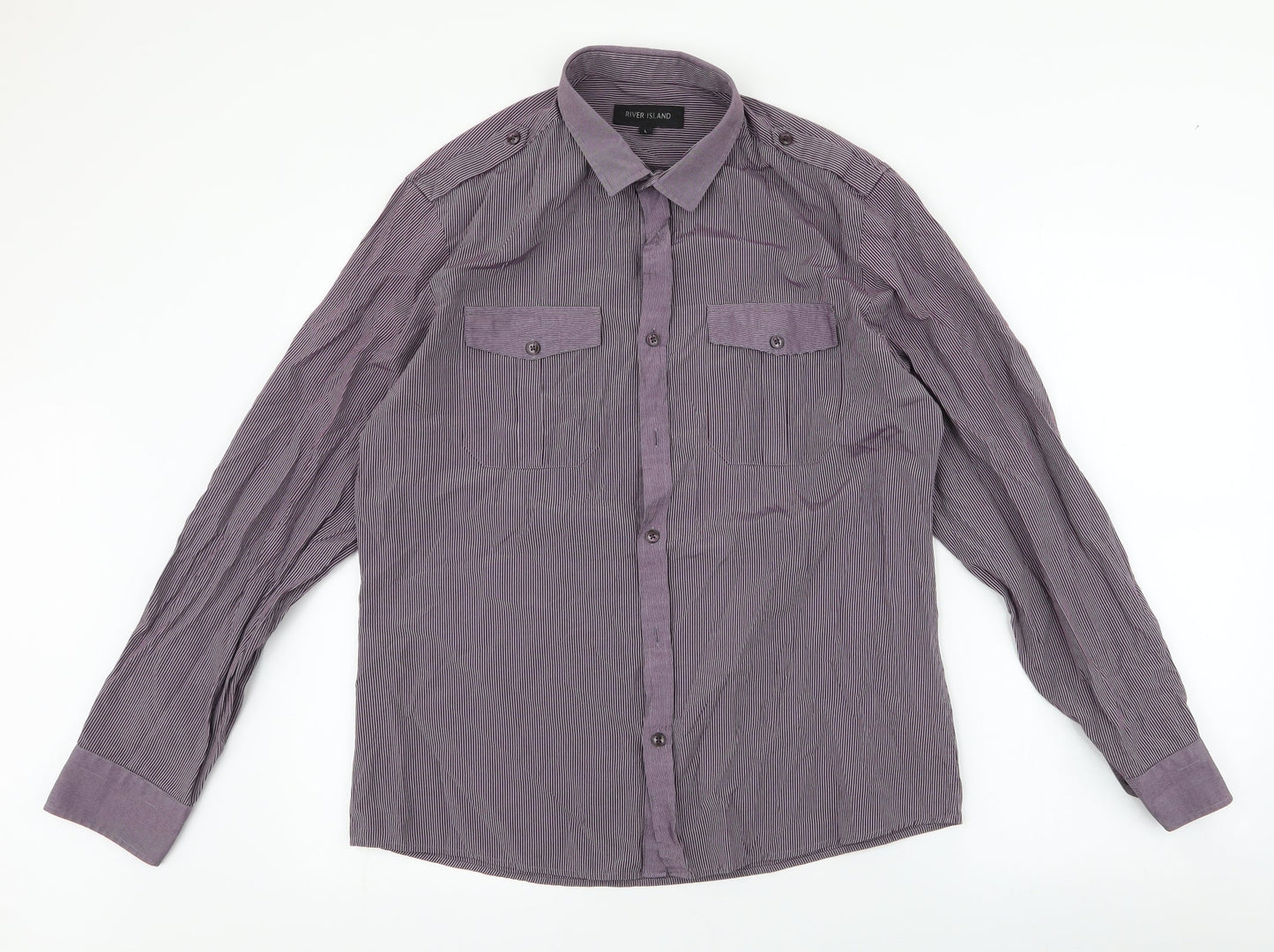 River Island Mens Purple Striped Cotton  Button-Up Size L Collared Button