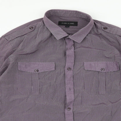 River Island Mens Purple Striped Cotton  Button-Up Size L Collared Button