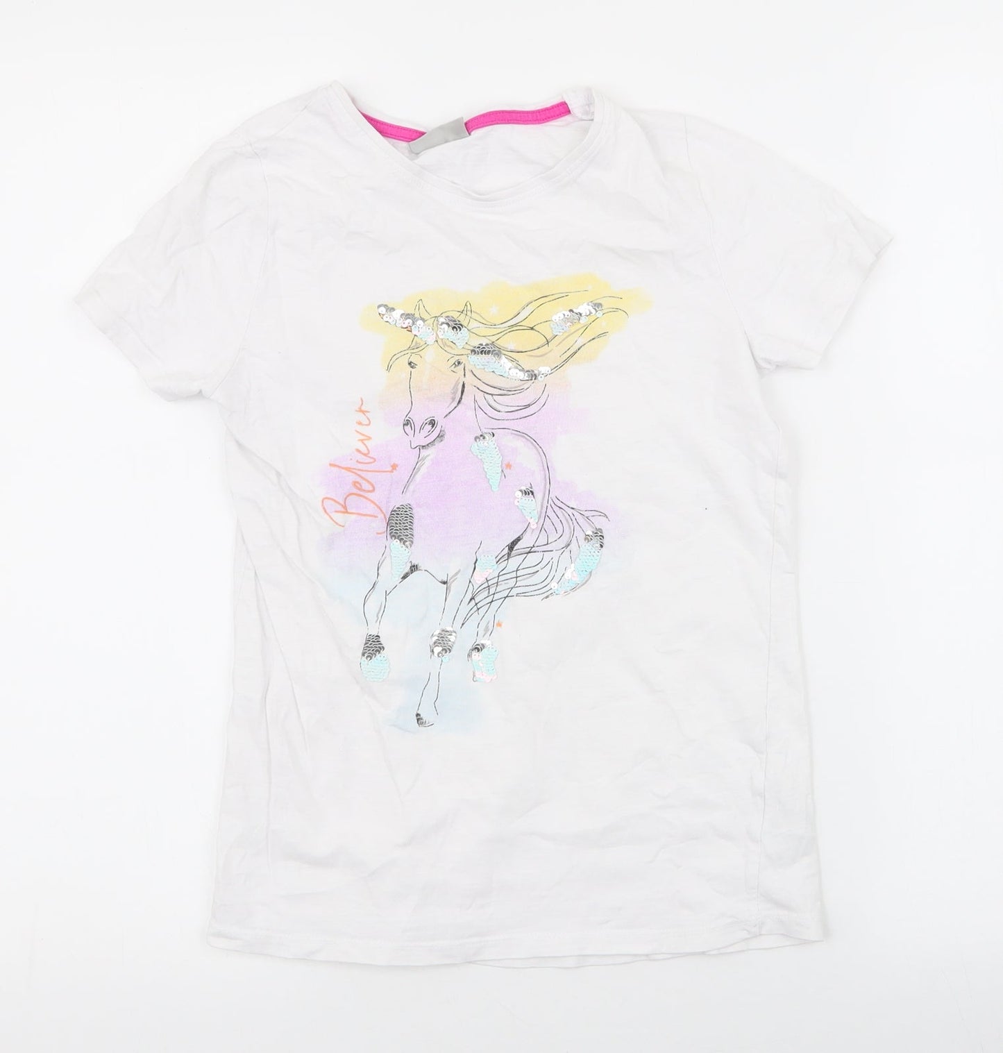 Matalan Girls White Animal Print 100% Cotton Jersey T-Shirt Size 12 Years Round Neck Pullover - unicorn