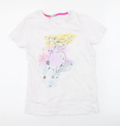 Matalan Girls White Animal Print 100% Cotton Jersey T-Shirt Size 12 Years Round Neck Pullover - unicorn